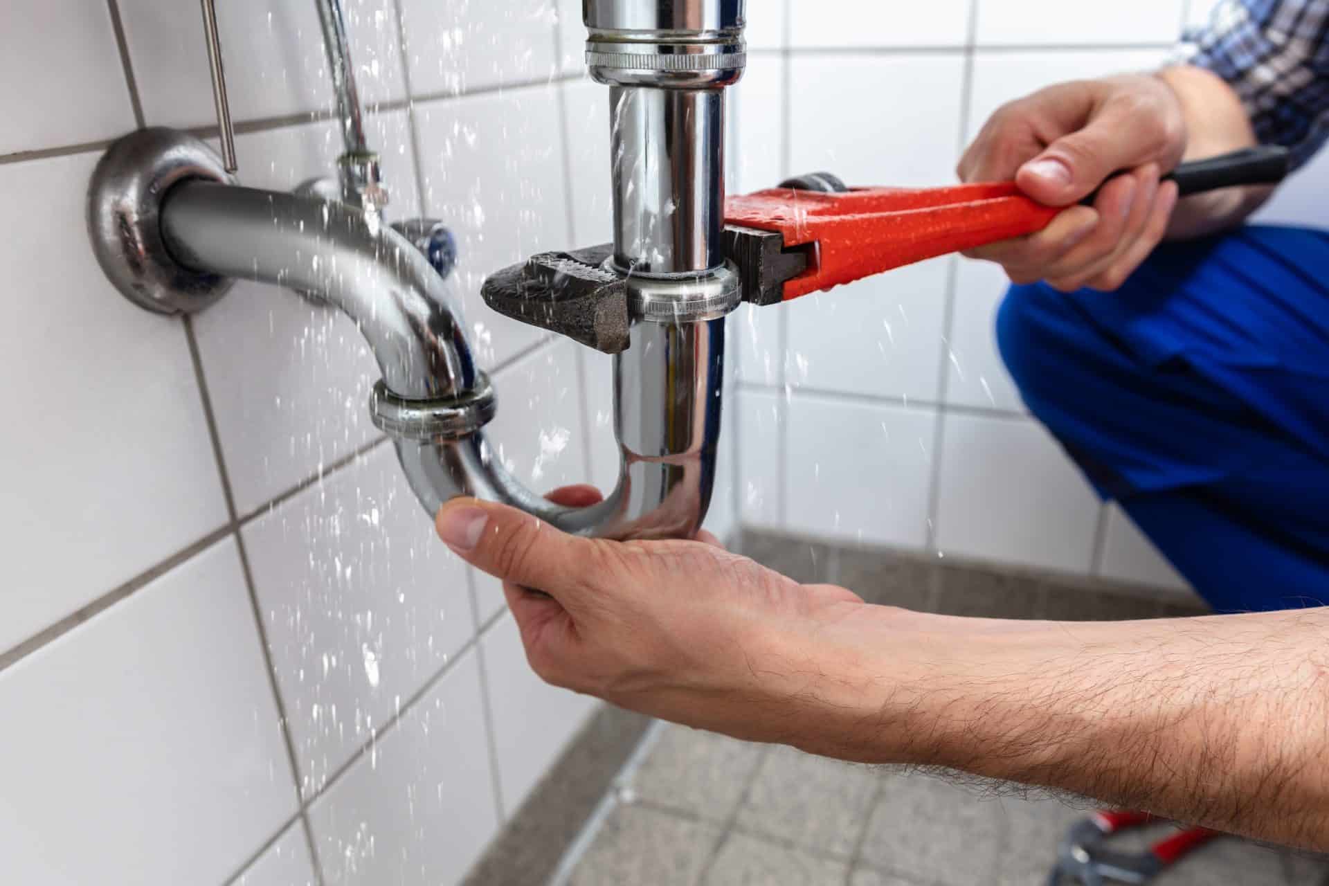 Plombier qui répare un évier de salle de bain lors d'un dégât des eaux